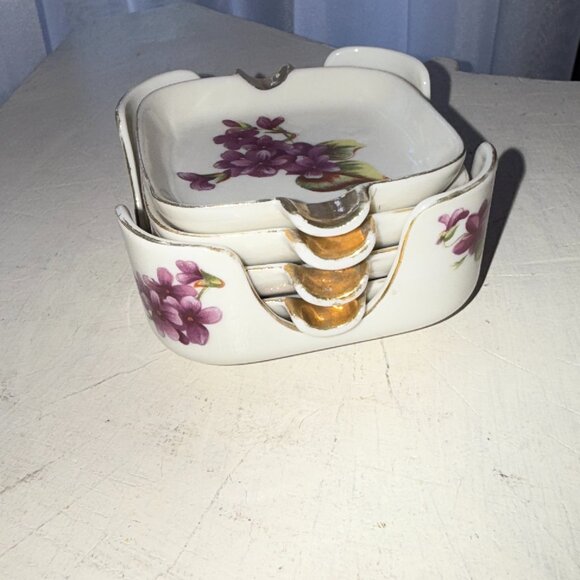 5pc 1960's VTG Lefton China Hand Painted Porcelain Set Of Ashtrays With Holder - Picture 1 of 12